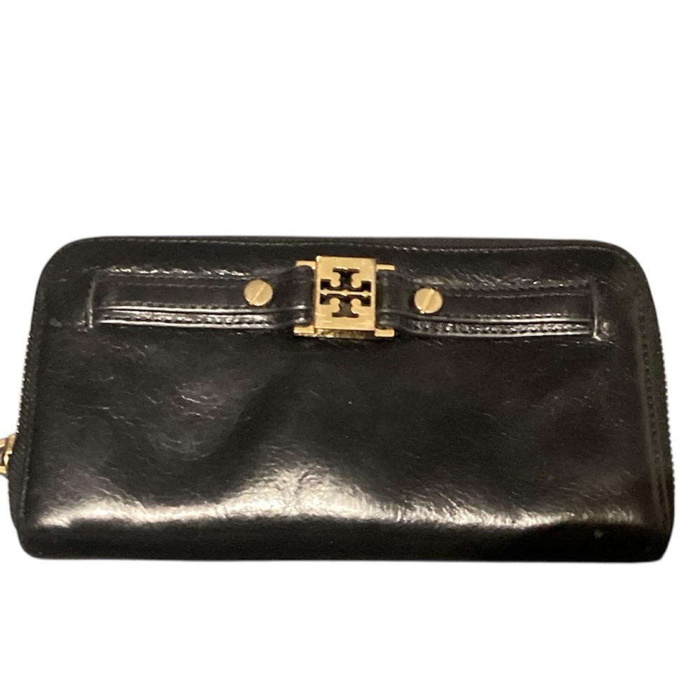 Vintage Tory Burch Black Leather Zip Wallet with Gold Logo